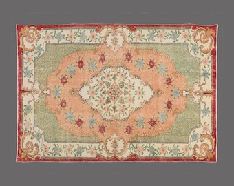 Pastel Garden Mirage of Oushak, Vintage Turkish Rug, 4 x 7 ft Rug, Floral Rug