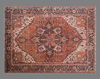 Vintage Turkish Area Rug, 9.8 x 11 ft, 300 x 350 cm, Hand-Knotted Wool Rug, Rust Geometric Medallion Carpet