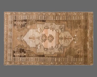 Vintage Handwoven Wool Rug, Faded Geometric Tribal Medallion Area Rug