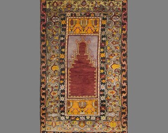 Vintage Konya Prayer Rug, 3.4 x 5.4 ft Handmade Wool Rug, Traditional Turkish Anatolian Rug