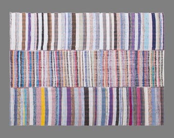 Vintage Turkish Minimal Kilim Rug, 6.8 x 8.4 ft Handmade Wool Flatweave Rug, Colorful Striped Area Rug