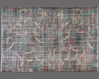 Vintage Oushak Turkish Rug 6x9: Wool Comet Design, Charcoal Brown