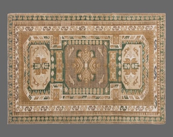 Vintage Handwoven Wool Rug, Geometric Green Beige Tribal Medallion Area Rug