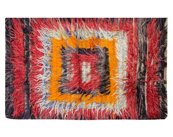 3x6 Vintage Handmade Tulu Flokati Rug, Konya Karapinar Goat Hair Tulu Rug