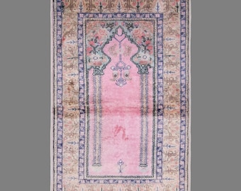 Vintage Turkish Prayer Rug, 2 x 3.3 ft, 60 x 100 cm, Handwoven Wool Mihrab Rug