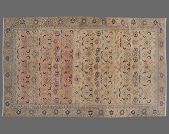 Vintage Oushak Turkish Rug: Floral Medallion 6x9 ft, Peach & Navy