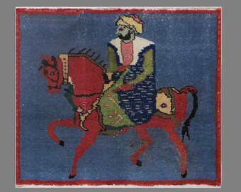 60+ Yr Old Vintage Turkish Rug | Figurative Horseman Decor | 74x90 cm (2'5"x2'11") | Unique Gift