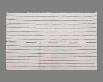 Vintage Turkish Minimal Kilim Rug, 4.3 x 7.1 ft Handmade Wool Flatweave Rug, Neutral Striped Area Rug