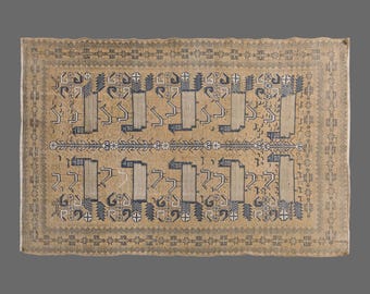 Vintage Turkish Rug: Indigo Glyphs, Handwoven Wool 4x6 ft