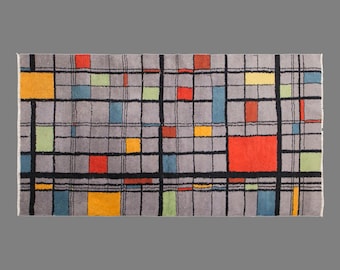 Vintage Handwoven Wool Rug, Modernist Geometric Color Block Carpet 3.4 x 6.2 ft