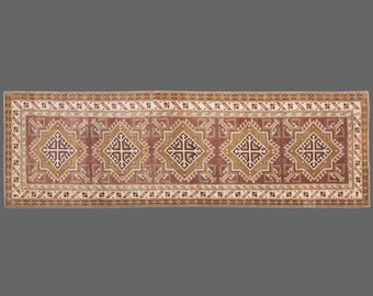 Long Vintage Turkish Oushak Rug Runner 92x336 cm (3'x11') – 60+ Years Old Handmade Narrow Hallway Runner, Antique Floor Carpet, Long Carpet