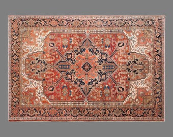 Vintage Turkish Area Rug, 7.7 x 10 ft, 235 x 310 cm, Hand-Knotted Wool Rug, Rust and Navy Geometric Medallion Carpet