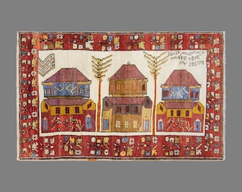 Vintage Konya Karapinar Pictorial Rug, 3.8 x 5.6 ft Handmade Wool Rug, Turkish Folk Art Carpet