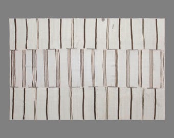 Vintage Turkish Minimal Kilim Rug, 6.9 x 11 ft Handmade Wool Flatweave Rug, Neutral Striped Area Rug