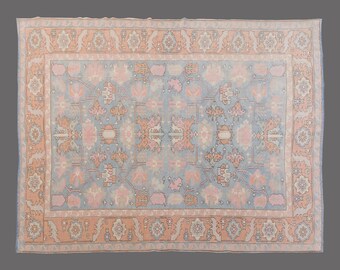 Pastel Oushak Rug: 7x10 Vintage Turkish Wool Rug
