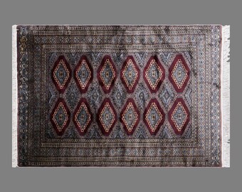 Burgundy Diamonds of Konya, Vintage Turkish Rug, 4.1 x 5.4 ft Rug, Handwoven Cotton Carpet, Geometric Anatolian Rug