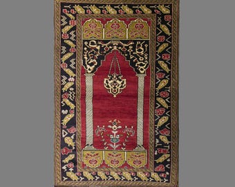 Vintage Konya Karapınar Rug, 4.2 x 6.6 ft Handmade Wool Prayer Rug, Turkish Anatolian Rug