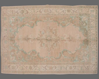 Vintage Turkish Konya Rug: 6x9 Beige Medallion Wool Rug