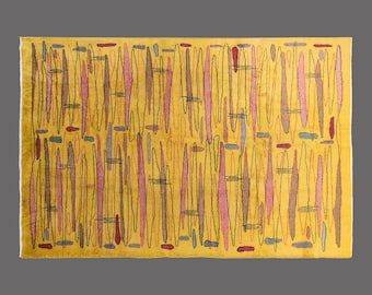 Vintage Turkish Rug, 7x10 ft, Handwoven Wool Area Rug, Modern Abstract Design, Large Yellow Living Room Carpet, Statement Wool Rug