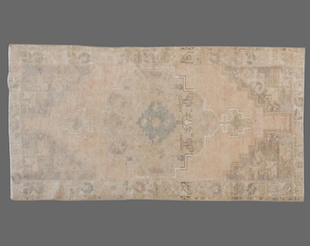 Vintage Turkish Oushak Rug: Handwoven Wool, Bohemian Design (3.7 x 7.7 ft.)