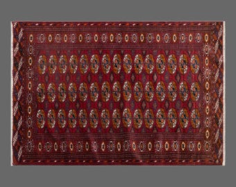 Vintage Handwoven Wool Rug, 60-Year-Old Tribal Geometric Red Accent (100 x 145 cm)