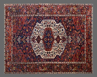 Vintage Heriz Rug: Crimson Turkish Wool Rug, 7.5 x 10.2 ft