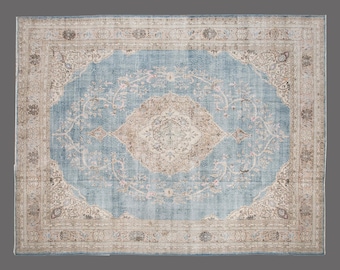 Oushak Vintage Turkish Rug 10x14: Faded Blue Wool Medallion