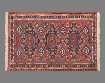 Vintage Turkish Sumak Rug, Handwoven Wool Geometric Tribal Carpet (4.4 x 5.7 ft)