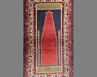 Vintage Konya Karapinar Rug, 4.6 x 8 ft Handmade Wool Rug, Turkish Anatolian Prayer Style Area Rug