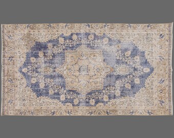 Vintage Turkish Oushak Rug: Twilight Garden, Indigo Blue Floral, 4.5 x 8.5 ft