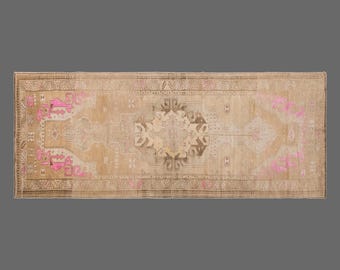 Vintage Handwoven Wool Runner, Faded Neutral Hallway Rug, Pink Medallion Accent