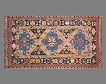 Vintage Turkish Sumak Rug, Handwoven Wool Flatweave, Geometric Tribal Area Rug (3.8 x 6.4 ft)
