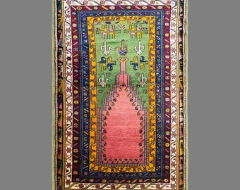 Vintage Konya Prayer Rug, 4.4 x 6.9 ft Handmade Wool Rug, Turkish Anatolian Area Rug