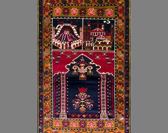 Vintage Konya Prayer Rug, 3.3 x 6.4 ft Handmade Wool Rug, Turkish Anatolian Architectural Rug