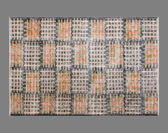 Vintage Turkish Area Rug, 3.9 x 6.2 ft, 118 x 188 cm, Handwoven Wool Rug, Abstract Grid Pattern Carpet