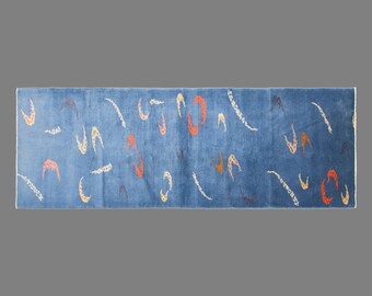 Vintage Handwoven Wool Runner Rug, Blue Abstract Anatolian Carpet