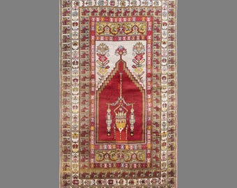 Antique Cappadocia Prayer Rug, 3.9 x 6.6 ft Handmade Wool Rug, Turkish Anatolian Mihrab Seccade Rug
