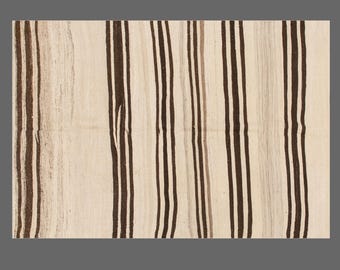 Vintage Turkish Kilim Rug, Handwoven Flatweave, 140x205 cm / 4.6x6.7 ft, 60+ YO Minimalist Neutral Stripes for Boho / Contemporary Interiors