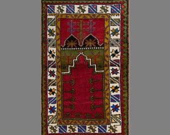 Vintage Turkish Prayer Rug, 2.3 x 3.6 ft, 70 x 110 cm, Handwoven Wool Mihrab Rug