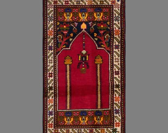 Vintage Turkish Prayer Rug, 2.7 x 4.4 ft, 81 x 135 cm, Handwoven Wool Mihrab Rug