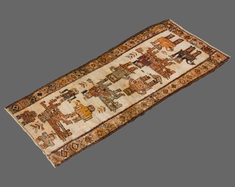 Hallway Runner "Rug 4.1" x 11.2" Vintage Ushak Runner Rug, Size: 125 x 340 cm,Pale Muted colors rug,Distressed Rug,Area Rug,Kitchen Rug