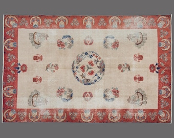 Vintage Oushak Turkish Rug 6x10: Floral Garden, Wool on Cotton