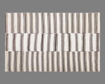 Vintage Turkish Minimal Kilim Rug, 7 x 9 ft Rug, Handwoven Wool Kilim, Neutral Striped Rug