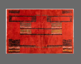 Scarlet Pulse, Vintage Turkish Rug, 4 x 7 ft Rug, Modernist Wool Rug
