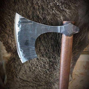Large hand-forged Viking bearded axe made of carbon steel with straight shaft
