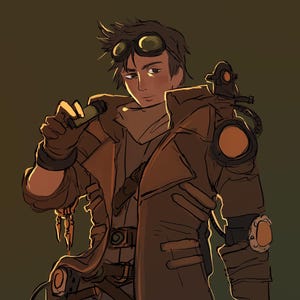 May include: Illustration of a person in a steampunk outfit. The character is wearing a long brown coat, goggles, and various mechanical accessories. The color palette is dominated by browns, tans, and oranges, with a dark green background.
