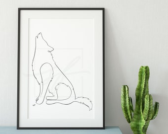 以下が含まれることがあります： 月に向かって吠えるオオカミの線画が描かれた黒い額縁のプリント。プリントは白い壁に、薄い青色のベンチの上にかけられています。ベンチの右側には、鉢植えのサボテンがあります。