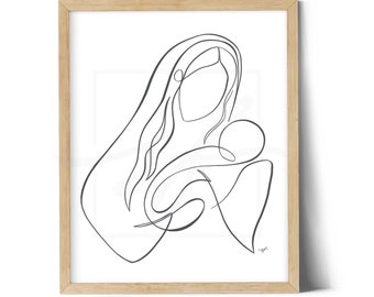 Mary and Baby Jesus minimalist, one line, digital download