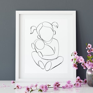 Big Sister with baby one line drawing, digital download