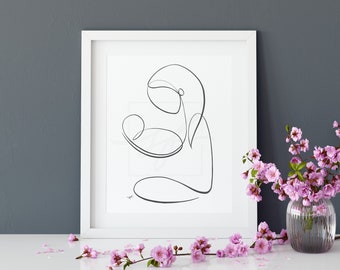 Minimalist Mother and Baby one line drawing, digital